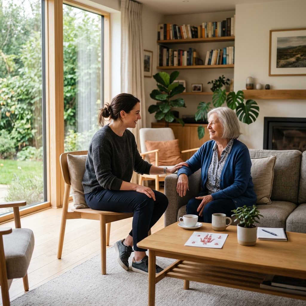 Fisioterapeuta sorrindo na casa do paciente