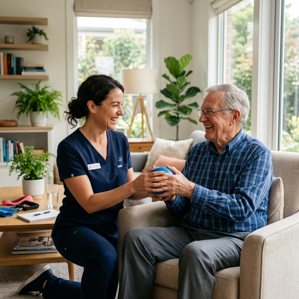 Fisioterapeuta sorrindo durante atendimento domiciliar